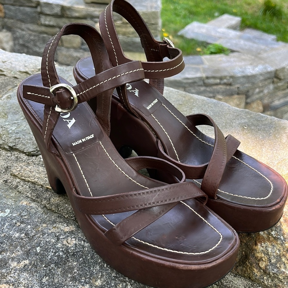 Prada saddle brown leather platforms